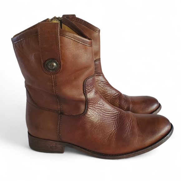 FRYE Melissa Button Short Cognac Leather Pull-On Zip Close Ankle Boots Womens 6½ - Picture 1 of 16